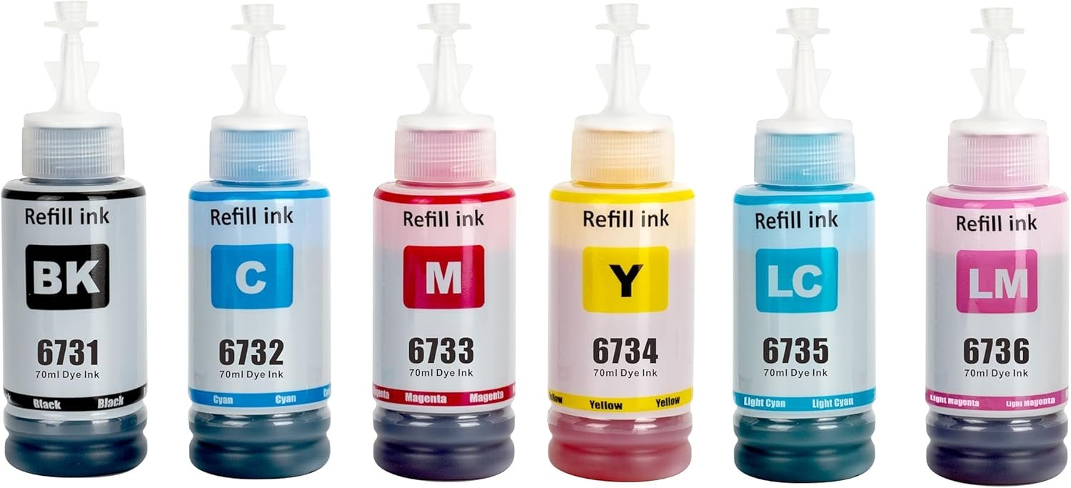 Ink Set 673 Compatible with EcoTank Compatible with EPSON 6 Pack for L800/L805/L810/L850/L1800 - Black Cyan Magenta Yellow Light Cyan Light Magenta - 70ml/Bottle 
